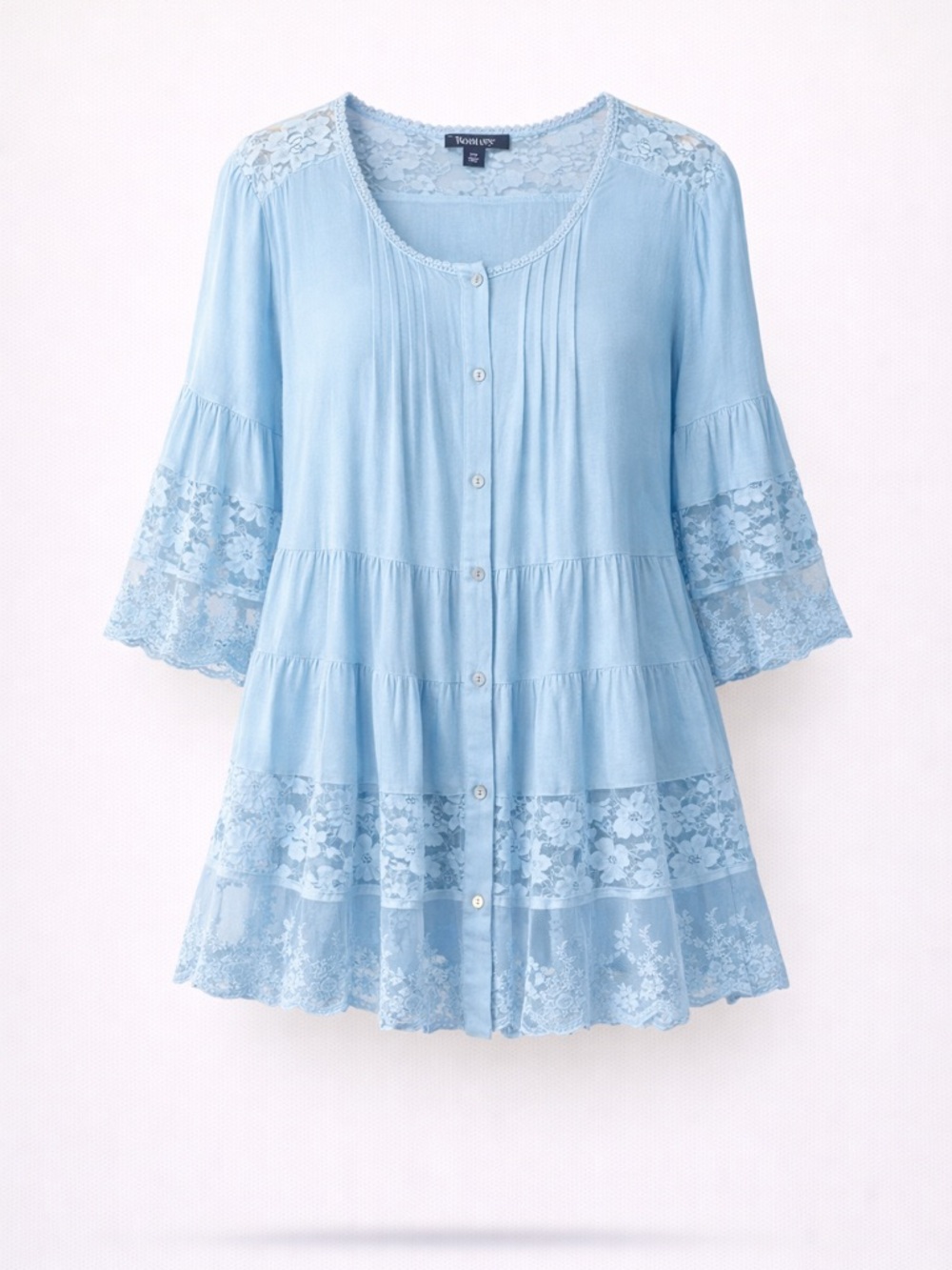 Roaman’s Light Tiered Blue Lace Trim Button Up Tunic Top Size 22W